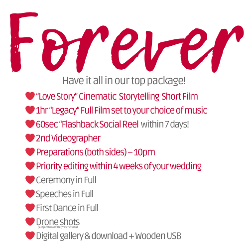 Have it all with our top package, with priority editing, an extra Videographer to cover both sides of prep, and longer coverage into your party!